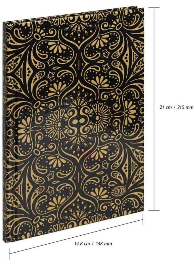 FIS® Notebook Hard Cover, A5 Size(14.8x21cm), 2 Quire, 192 Pages, 96 Sheets, Single Line Ruling, Golden/Black, Packet of 5 Pieces, Design 3-FSNBHCA5GLBKD03 - Image 2